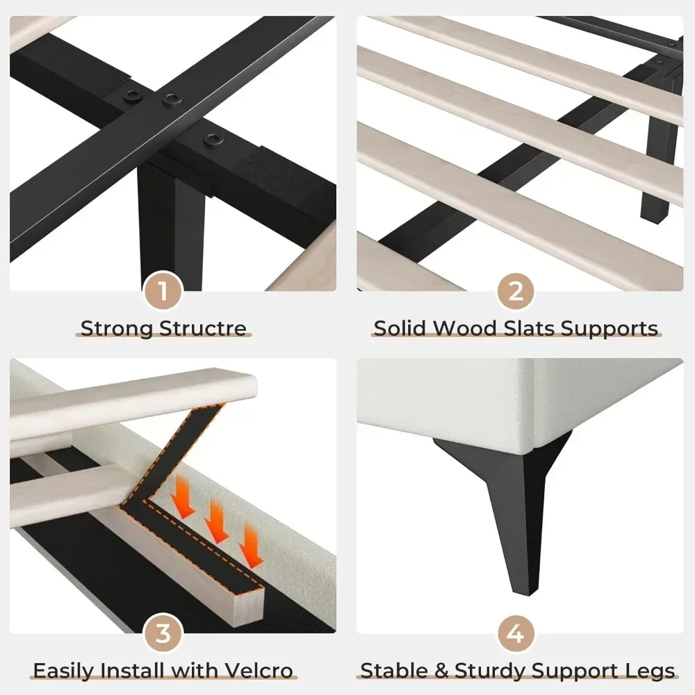 Full Size Bed Frame with LED Lights, Adjustable Headboard, Crystal Button, Solid Wood Slats Support, Princess Platform Bed Frame