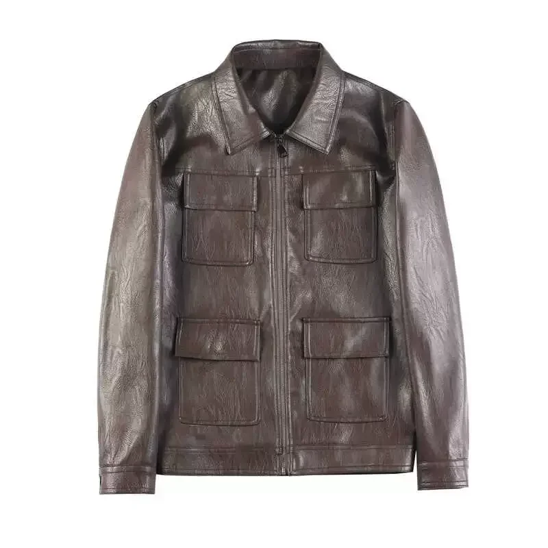 Autumn Winter High Quality Faux Leather Jacket Fashion Multi Pocket Design PU Leather Coats Man Vintage Business Slim Fit Coats