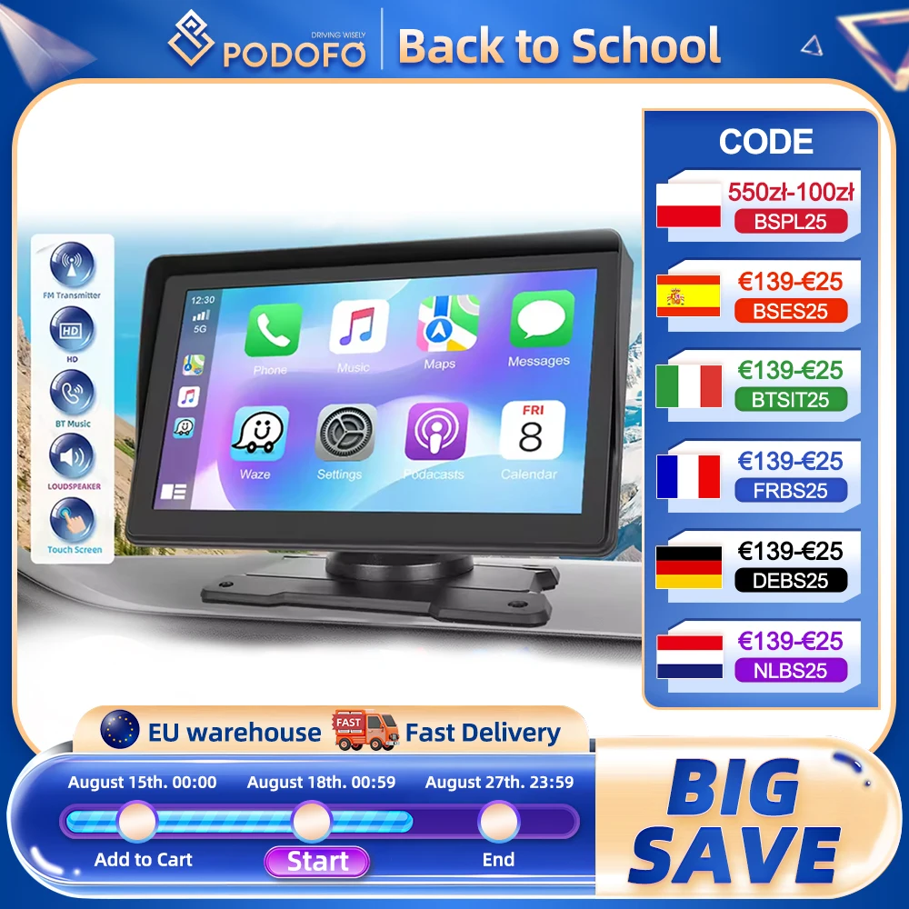 Podofo 7 ''Monitor per auto portatile Cruscotto Smart Screen Player Wireless Carplay Android Auto Mirror Link Bluetooth GPS Dash Cam