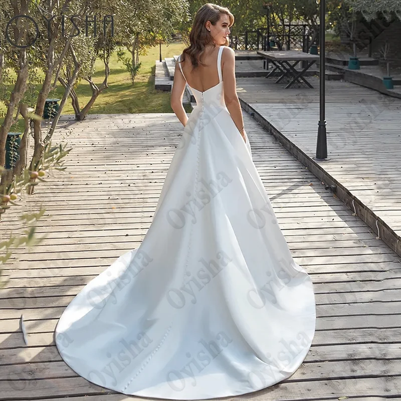 OYISHA Simple V-Neck Satin Vestidos De Noiva Backless Spaghetti Straps Wedding Dresses Sleeveless A-Line Bridal Gown Custom Made