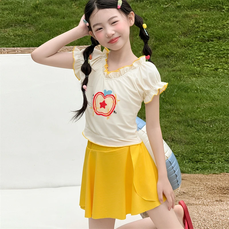 Girls Split Swimsuit Cute Yellow Apple Print Short Sleeve Ruffle Top and Skirt for Summer Beach Pool Bathing 110-170cm 20-50kg