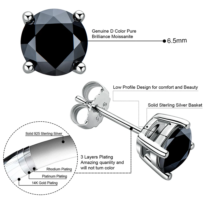 Серьги-гвоздики IOGOU 8 мм 2CT Solitaire с черным муассанитом для мужчин и женщин 6,5 мм 1CT 1,5CT 7,5 мм, оригинальные ювелирные изделия из серебра 925 пробы для пирсинга