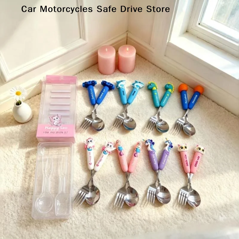 【M】2Pcs Stainless Steel Toddler Fork And Spoon Set Cute Cartoon Non Slip Grip Perfect For Kids Daily Mealtime Preschool Home Use
