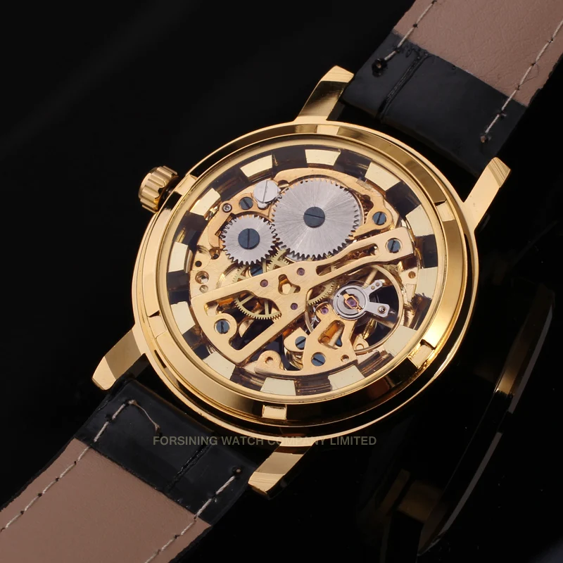 Luxury Brand New Style Golden Skeleton Watches Men Black Leather Strap Mechanical Hand Wind Wristwatches Nice Gift