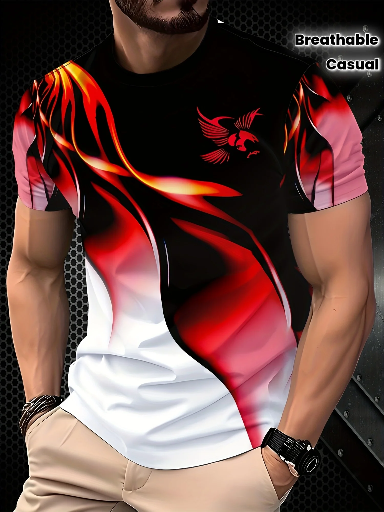 Men 3D Print T-Shirt Red Flame Phoenix Gradient Graphic O Neck Short Sleeve Breathable Summer Casual Tee