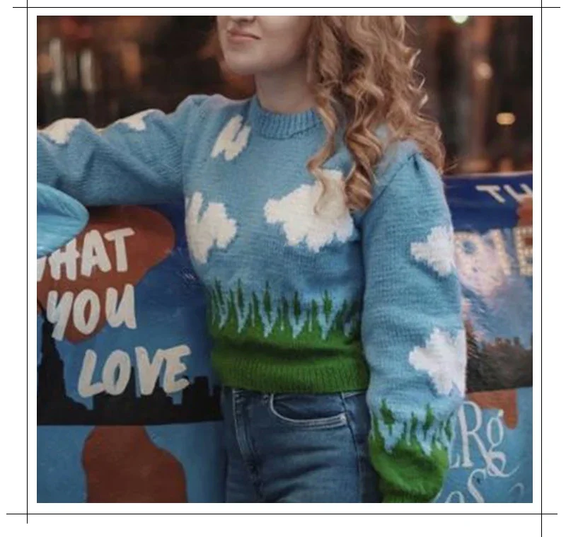 Winter Women's Pullover Cloud Print Knitted Sweater Long Sleeve New Style Ladies Casual Fashion Ladies Sweaters