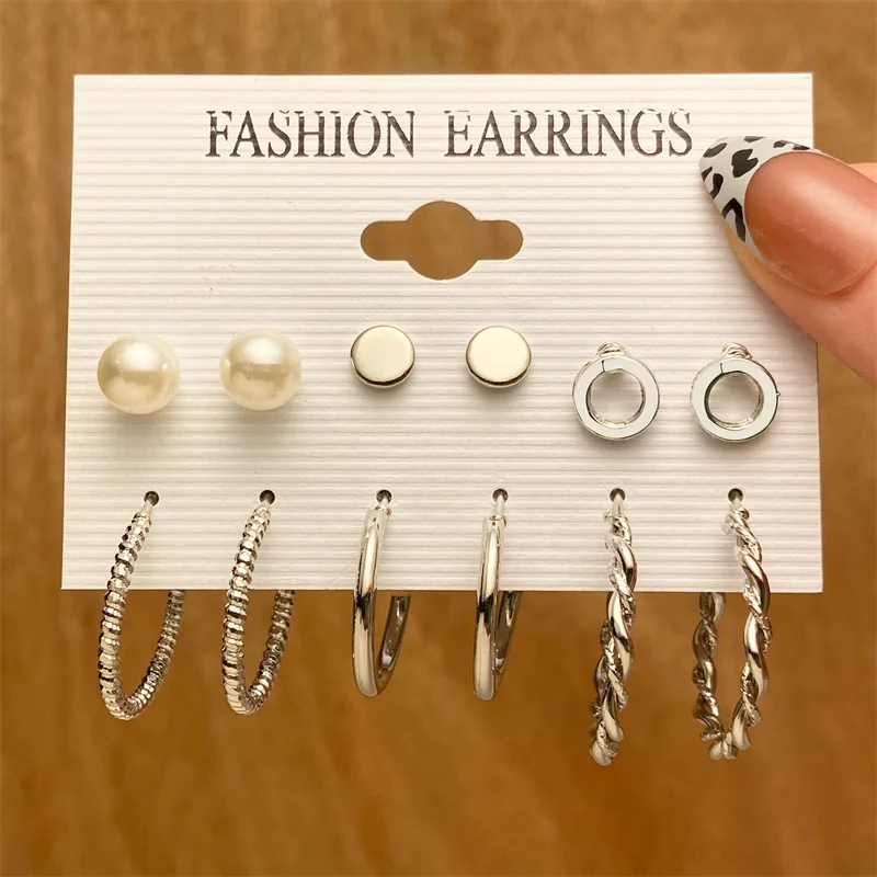 Trendy Earrings Set for Women Girls Simple Silver Color Pearl Metal Circle Hoop Earrings Dangle Earrings 2022 New Fashion Gift