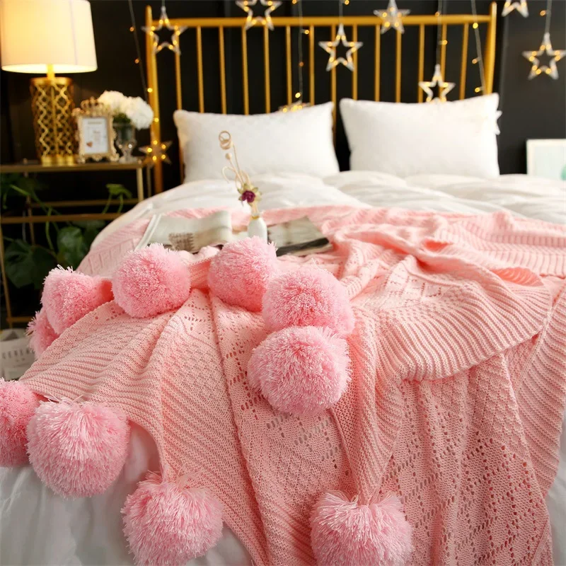 Summer Knitted Blanket Colorful Breathable Skin-friendly Soft with Fur Balls Blankets Bed Sofa Decorative Woven Blanket Bedding