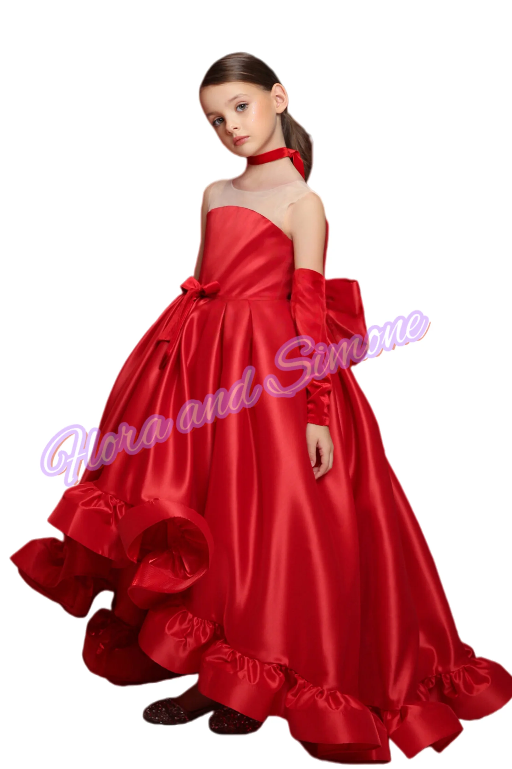 

Customization Elegant Red Satin Trailer Sleeveless Flower Girl Dress for Wedding Ceremonies First Communion Birthday party