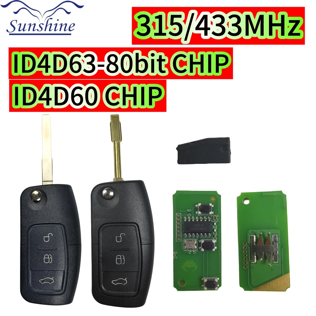 Sunshine 315/433MHz 4D60/4D63+ Chip For Flip Car Remote Smart Control Key/PCB For Ford Focus Fusion Transit Fiesta Mondeo Galaxy