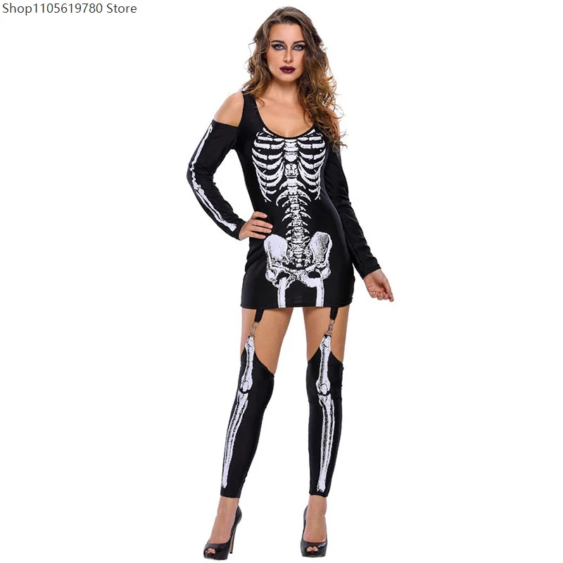 Bone‑Pattern Printed Mini‑Dress Cosplay Outfit With Matching Socks Women Horror‑Themed Costume  Halloween Performance Wear