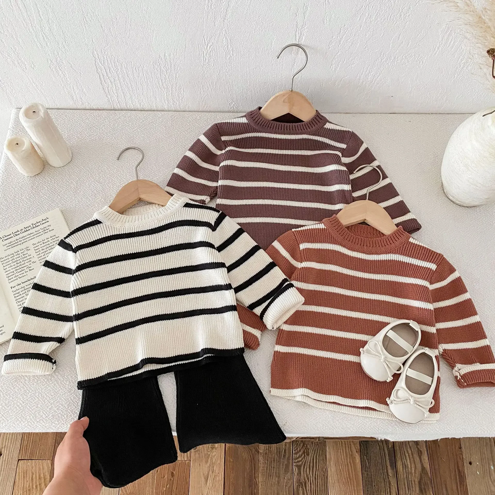 MILANCEL New Autumn Kid\'s Sweater 1-6Y Girls Striped Knitted Pullover Children\'s Base Top Optional Knitted Bell Bottoms