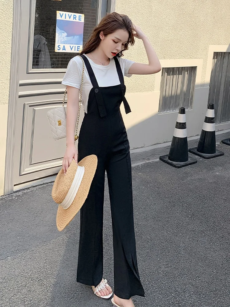 

Женский комбинезон с высокой талией, черный, весна-лето 2026, утягивающий, с широкими штанинами, с разрезами, микро-клеш, длинные брюки, уличный стиль