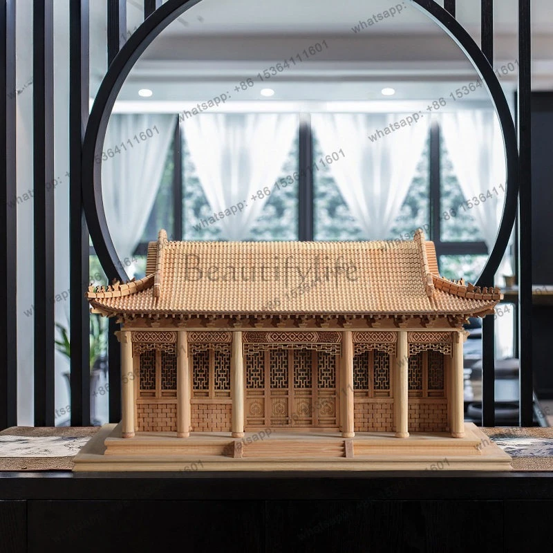 New Chinese Zen ancient architecture handmade solid wood assembly soft decoration finished sculpture