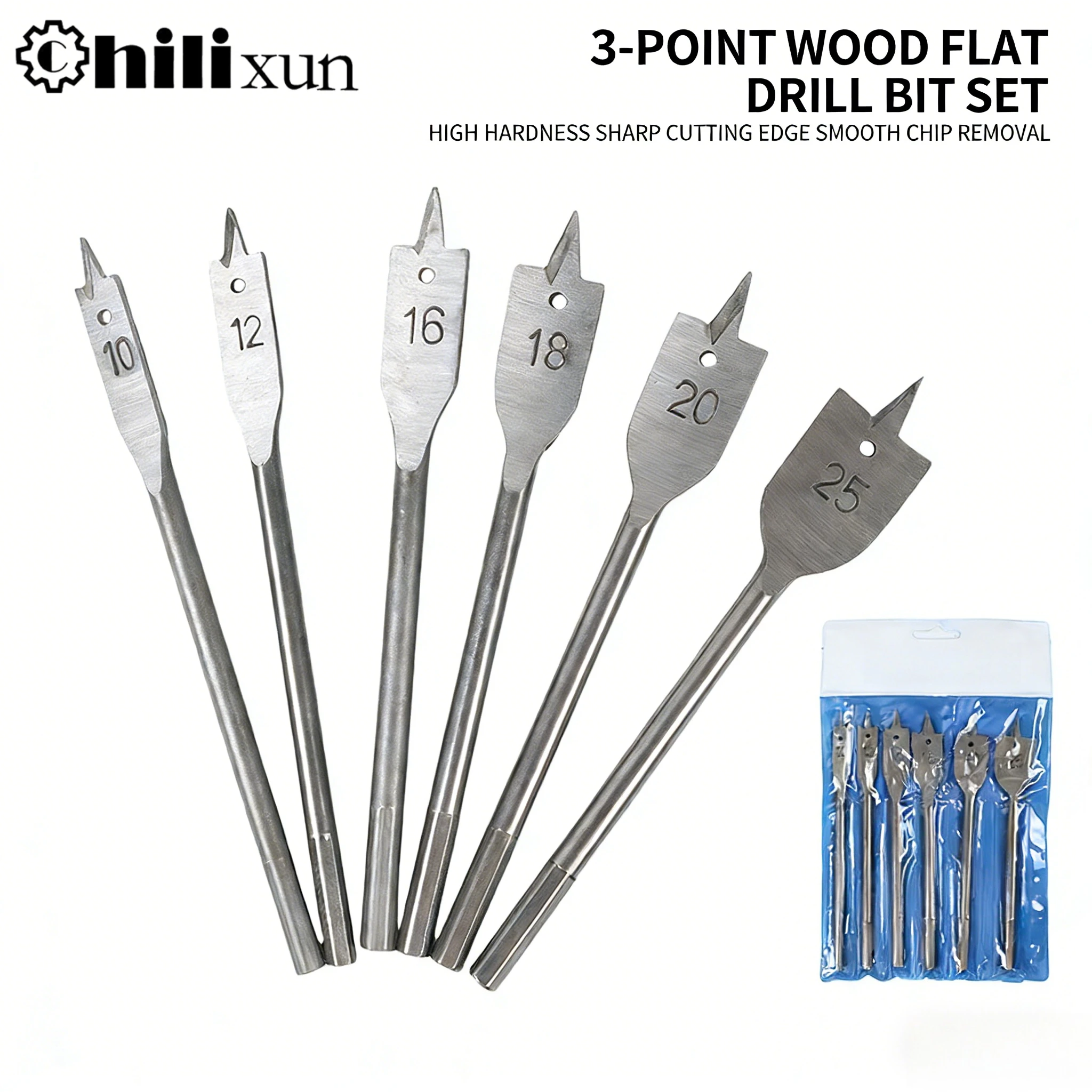 6pc Natural Color Three Pointed Flat Drill Hexagonal Handle Woodworking Hole Opener Wooden Board Drilling Bit Tool Set