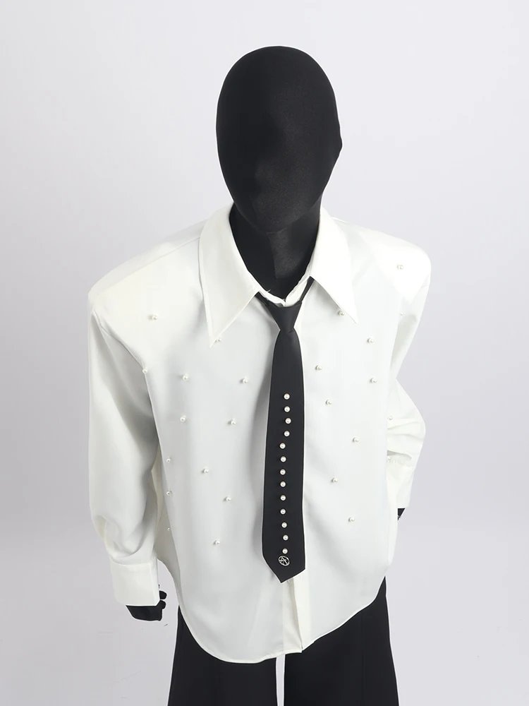 2025 New Korean Fashion Trend White Long Sleeve Shirt Handsome Men's High-end Heavy Beading Design Loose Tie Shirt