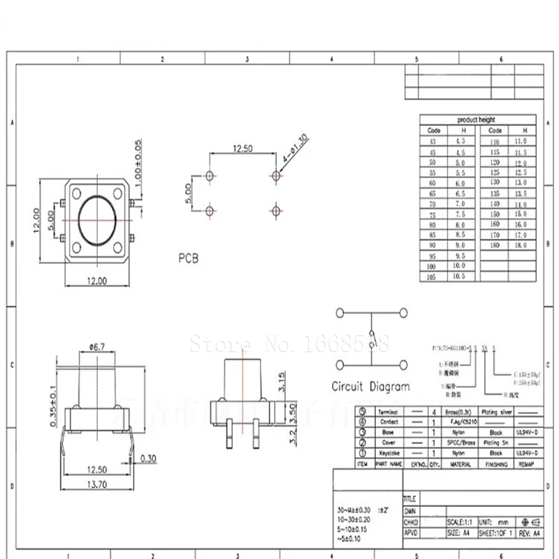 10PC 12x12mm Panel PCB Momentary Switch 4pin 12x12x4.3/5/6/7.3-9MM 12*12*4.3MM/5MM 6MM 7MM 8MM 9MM Tact Push Button/Micro Switch