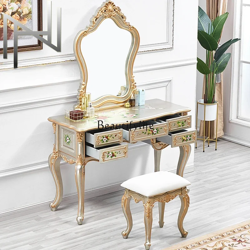 

All Solid Wood Multifunctional Dresser Desk Gold Powder Silver Pink Retro Painted Style