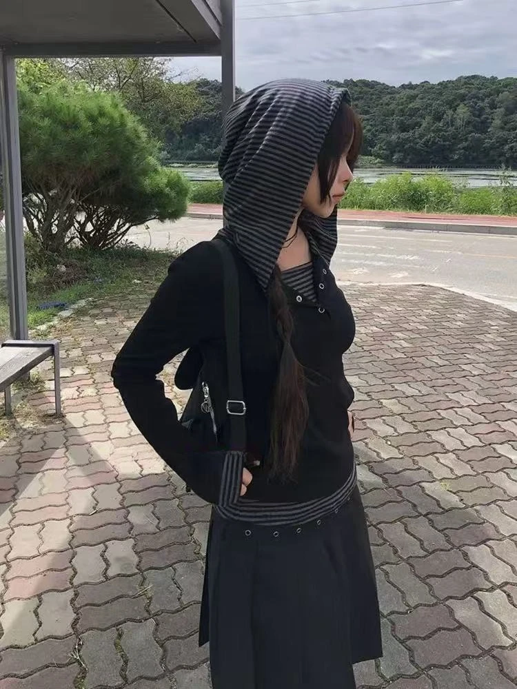 Koszulka w stylu koreańskim INS z paskami i patchworkiem, zapinana na guziki, z kapturem, z długim rękawem, damska, nowa kolekcja jesień-zima, casualowa, dopasowana.