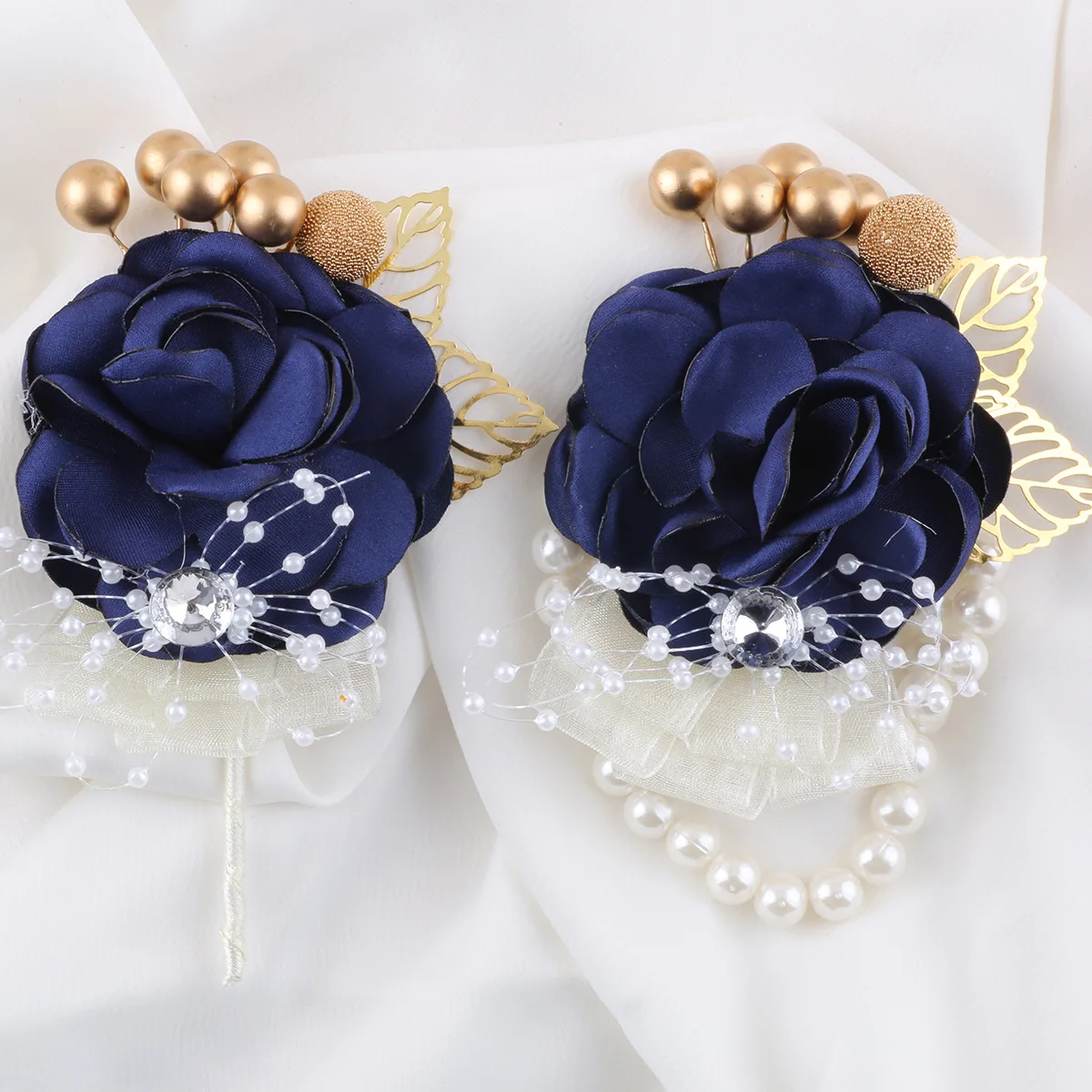 Artificial Navy Blue Wedding Boutonniere for Guest Pins Flowers with Pearls Prom Decor Accessories Silk Rose lapels for wedding