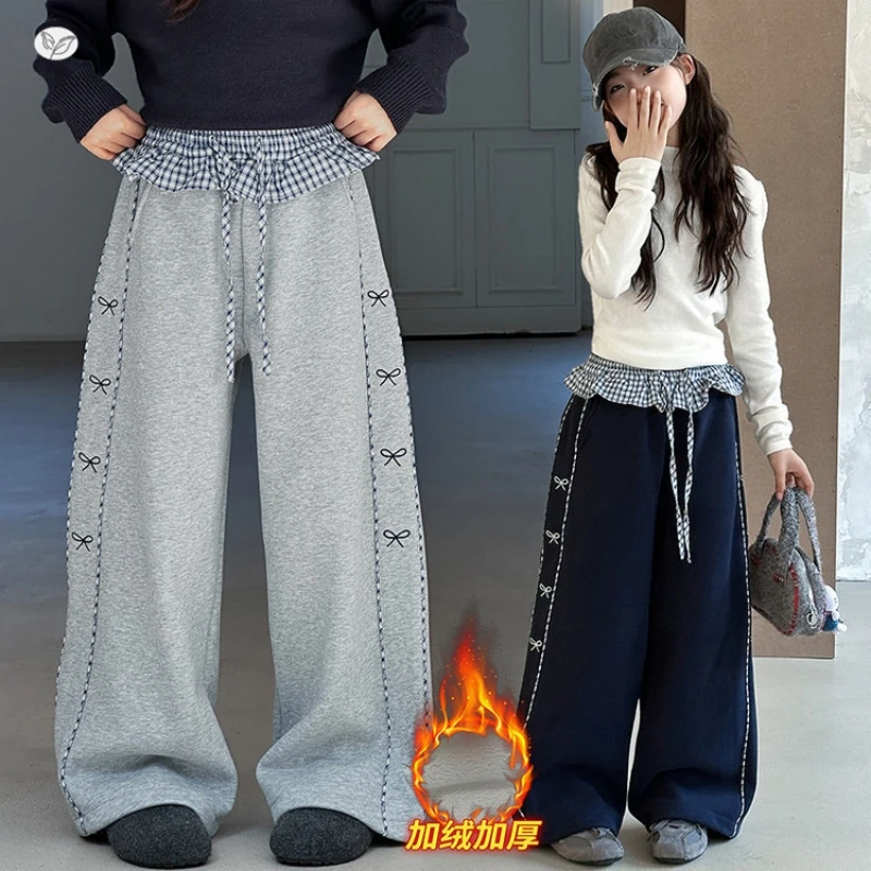 

Брюки на флисовой подкладке для девочек, осень-зима 2022, Новое поступление, широкие повседневные длинные брюки с широкими штанинами и боковым швом для больших девочек