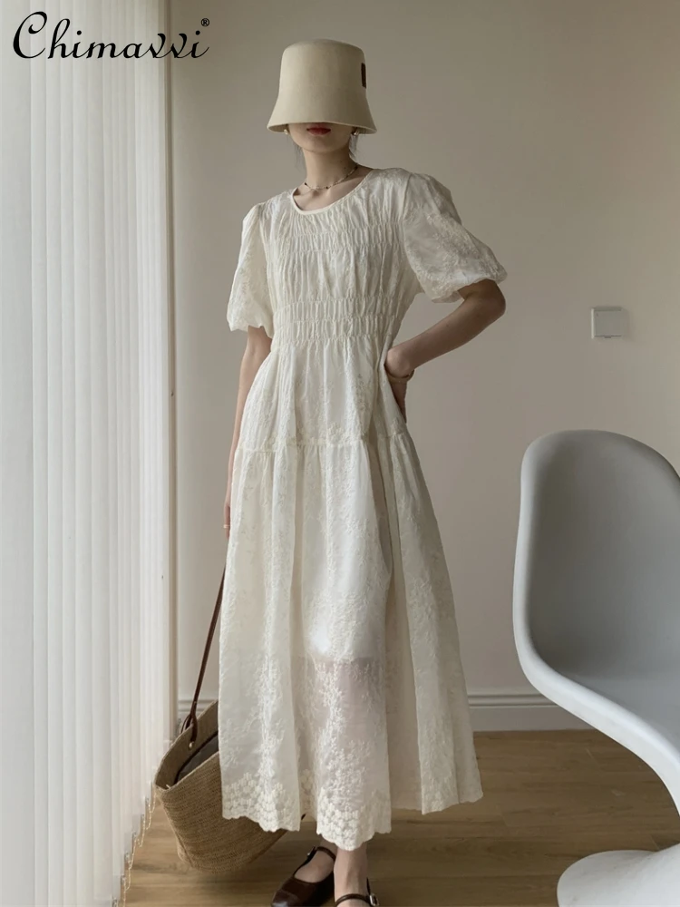 

Summer 2024 French Gentle Elegant Round Neck Puff Sleeve Lace Jacquard Embroidered High Waist Slim Fit A-line Long Dress Women