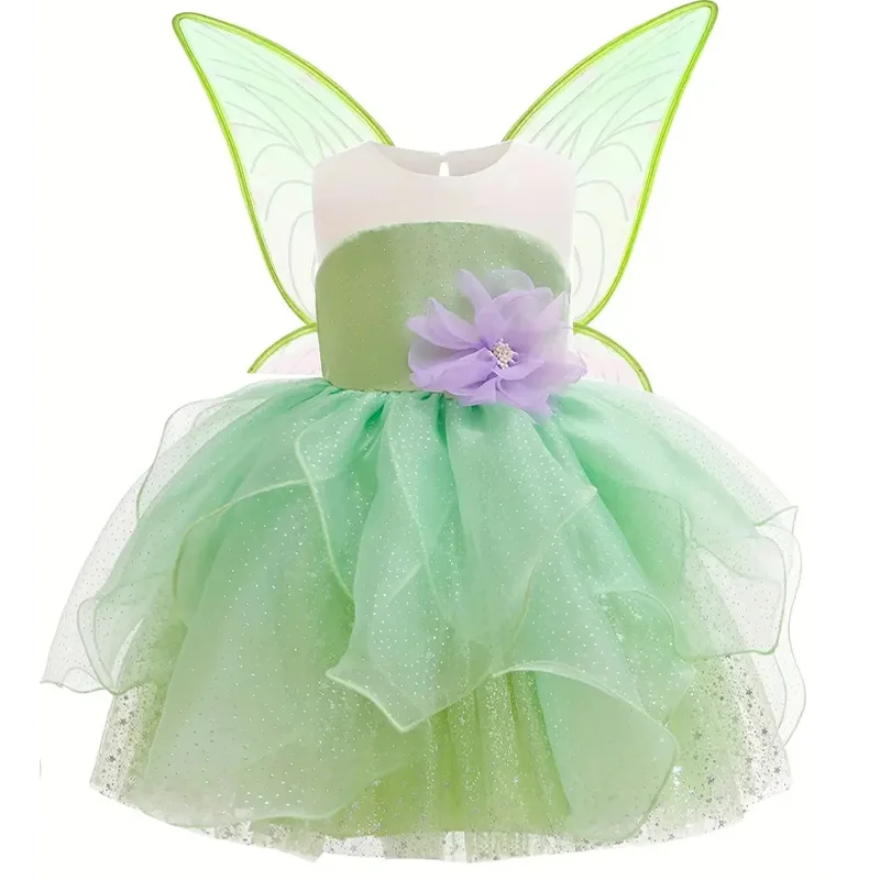 Girls Elf Peals Flower Applique Princess Dress With Wing For Toddler Baby Birthday Party Photography Fairy Angel Cosplay Gown