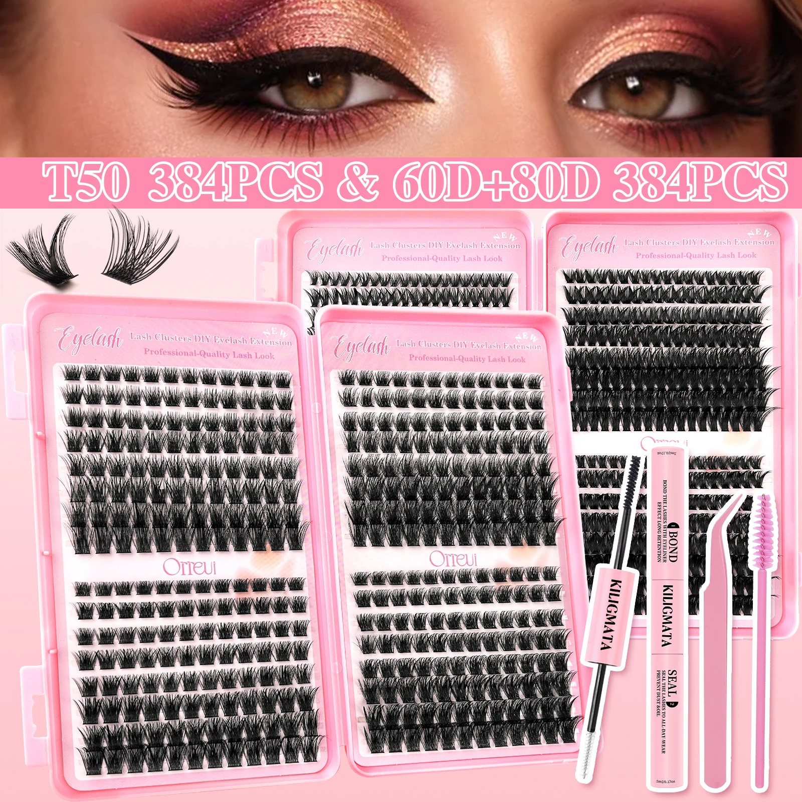 Fluffy Volume Lash Clusters DIY Eyelash Extension Kit Mixed 60D 80D T50 Individual Lashes 8-16mm Reusable Wispy Cat Eye Dramatic