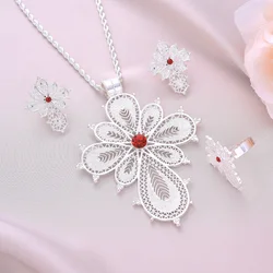 Silver Plated New Fashion Retro Zircon Pendant Necklace Earrings Ring Silver Color Charm Jewelry Sets African Arab Jewelry Gifts