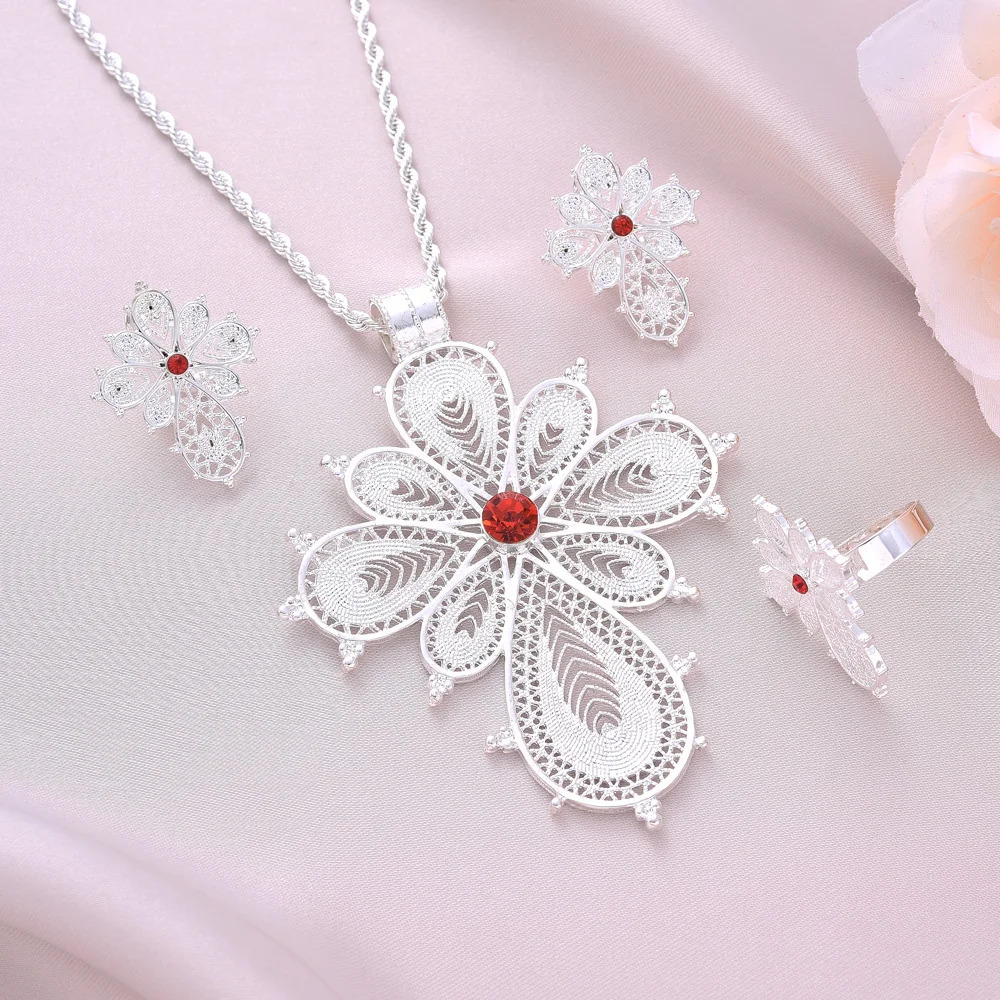 Silver Plated New Fashion Retro Zircon Pendant Necklace Earrings Ring Silver Color Charm Jewelry Sets African Arab Jewelry Gifts