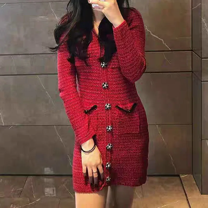 Elegant Lady Red Tweed Dress Vintage Four Pocket Long Sleeve Knit Dress Spring 2023 Casual High Waist Woolen Vestidos for Women