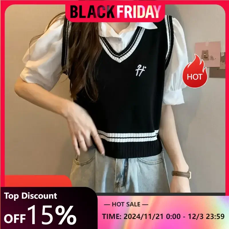 Clashing Embroidery Knitted Vest Patchwork Polo Collar Short Sleeve Fake Two Piece Shirt Top Women College Style Niche Casual