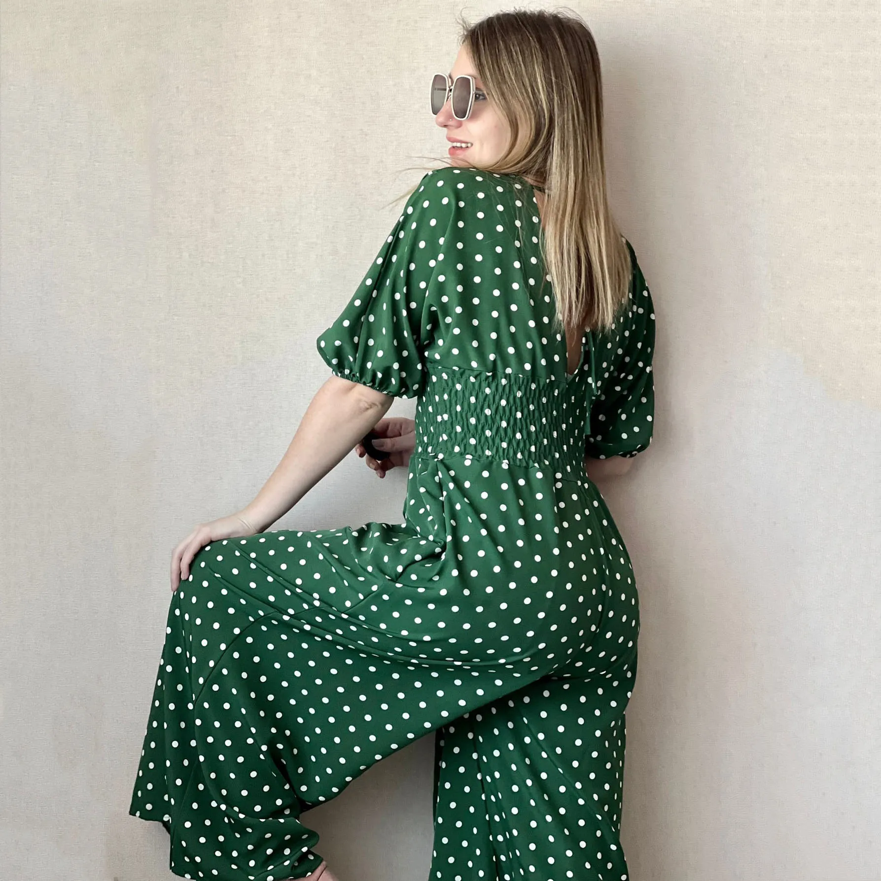 Women\'s Wide Leg Jumpsuit, V-Neck, Sexy, Dolman Sleeves, Waist, Slim, Polka Dot Print, Trousers