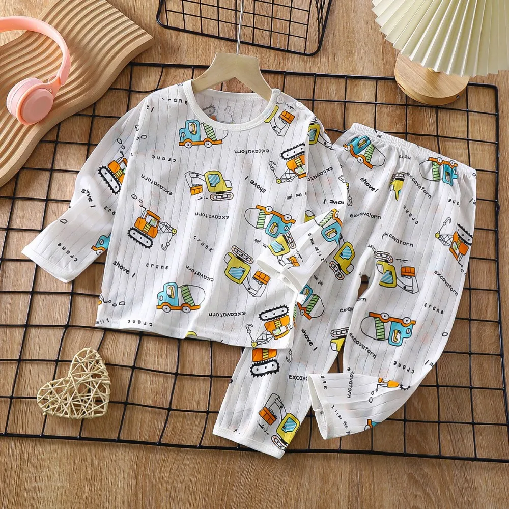 Children Cotton Pajamas Set Cute Cartoon Print Long Sleeve Sleepwear Soft Breathable Toddler Nightwear Kids Home Clothing Suit