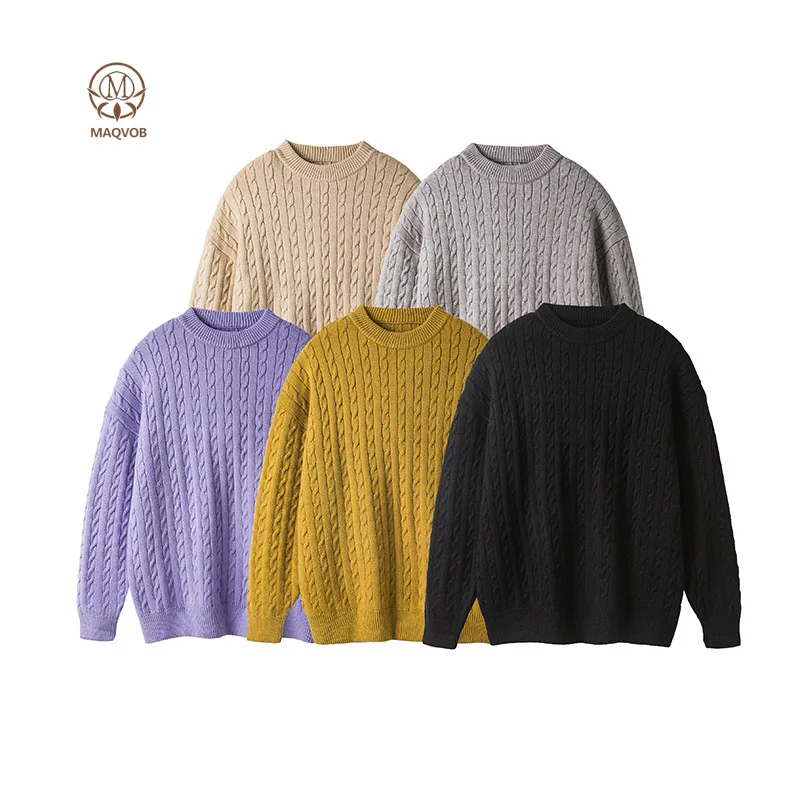 

MAQVOB Высокое качество ЕС США размер винтажный пуловер с круглым вырезом свитер сплошной цвет унисекс трикотаж повседневный базовый свитер