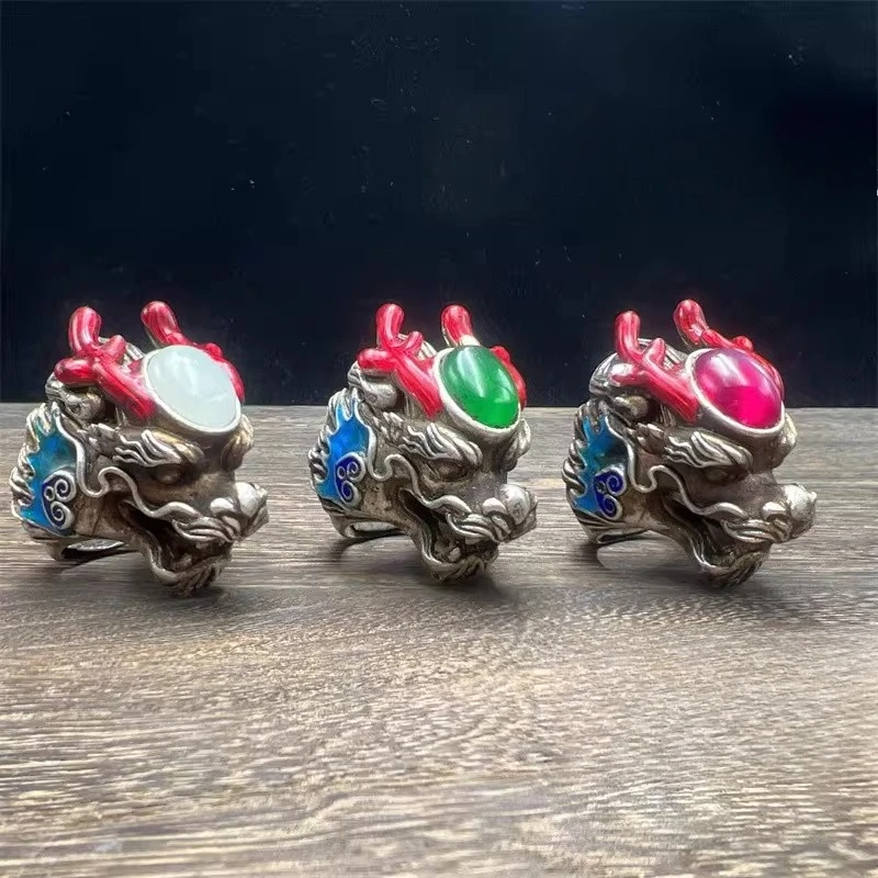 

Tibetan Cloisonne Old Collection Silver Inlaid Starlight Gemstone Faucet Ring Men's Open Jewelry, Single Price