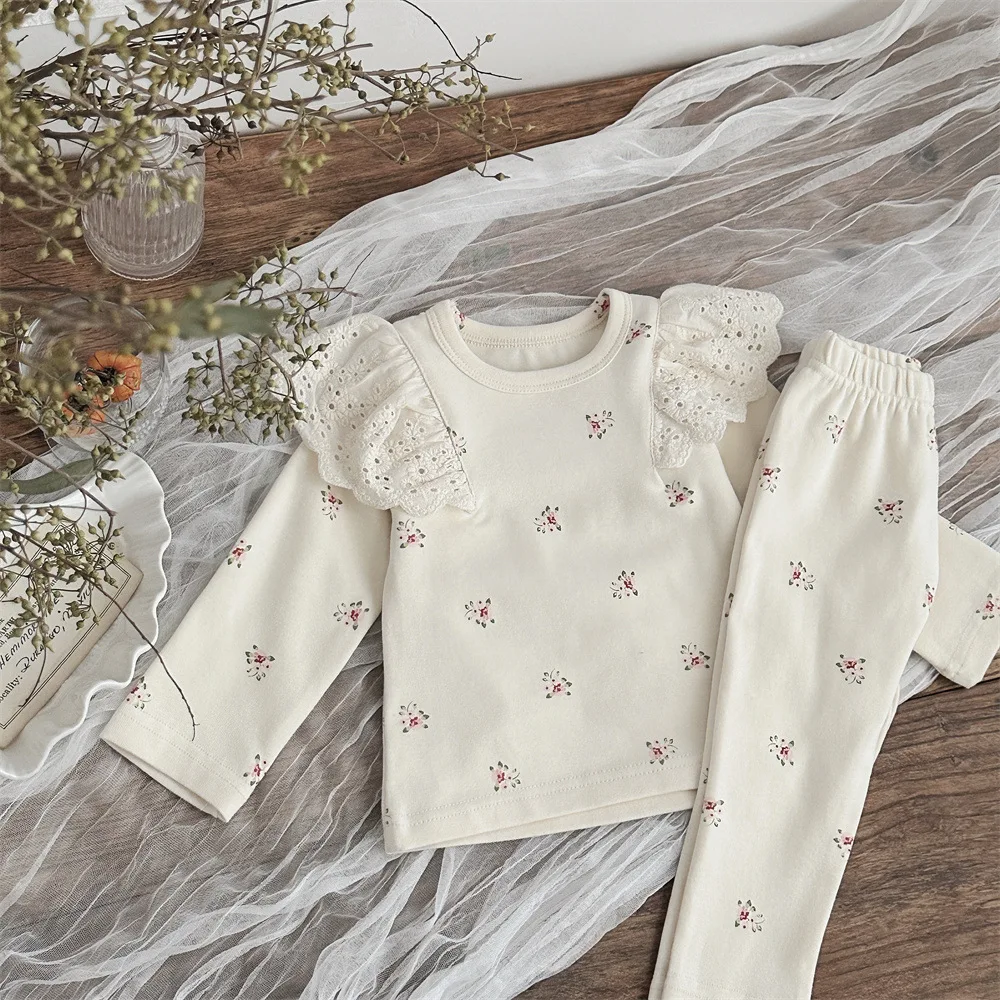 2025 Spring Autumn Infant Baby Girl 2PCS Clothes Set Cotton Floral Print Lace Top Suit Elastic Waist Toddler Girl Legging Outfit