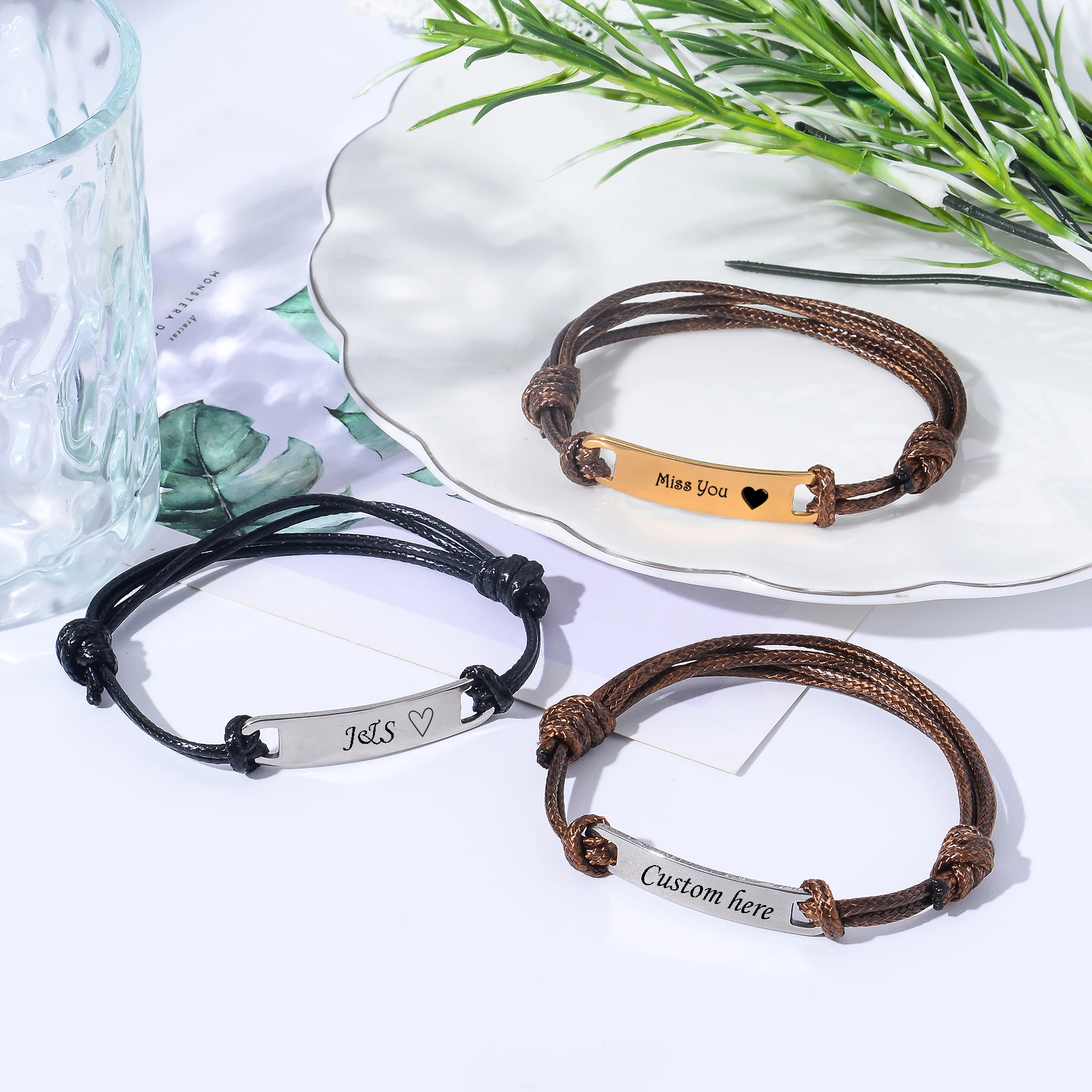 PU Leather ID Bracelet Stainless Steel Blank Customize Name Date Logo Bar Adjustable Length Personalized Wrist Jewelry