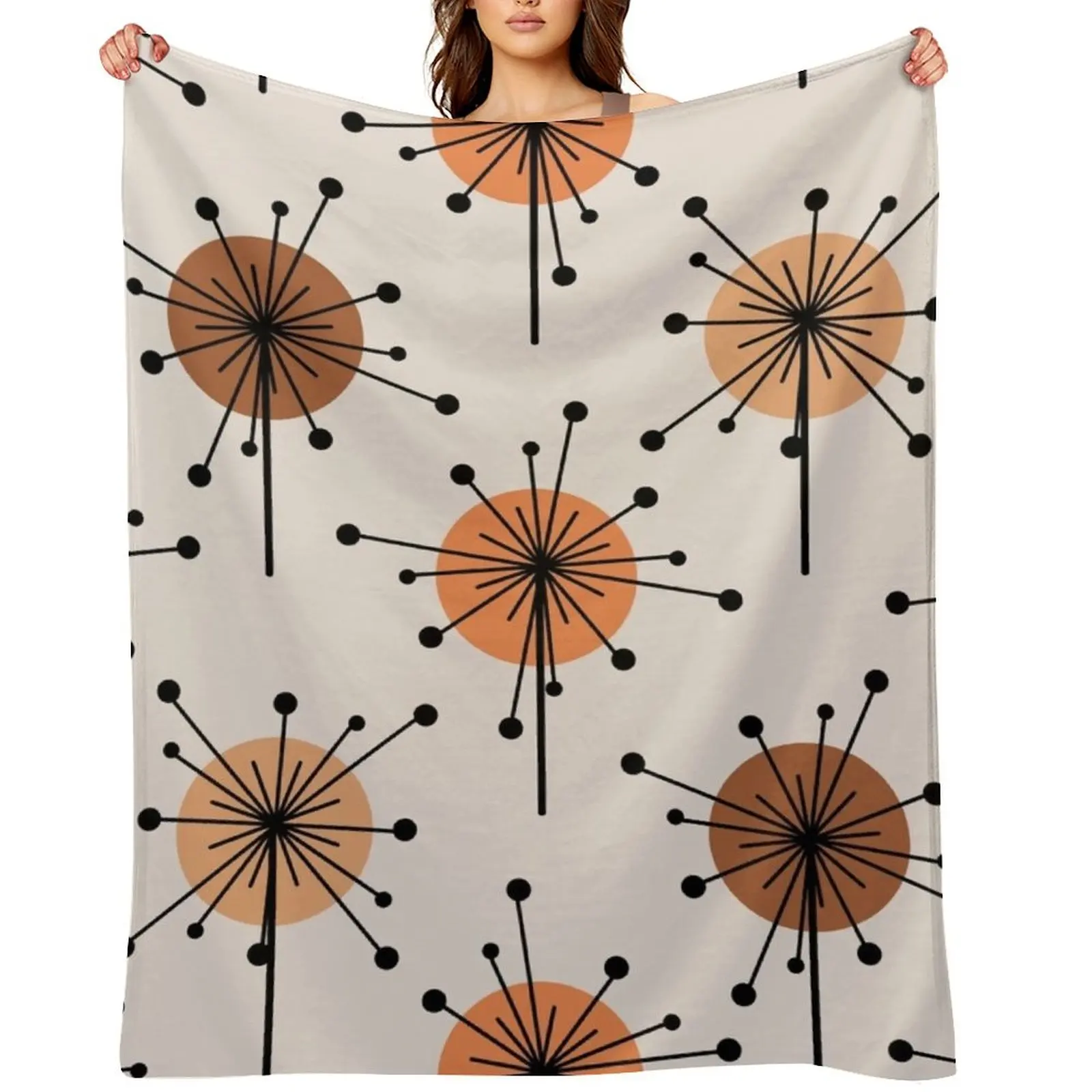 

Atomic Era Sputnik Starburst Flowers Orange Tan Throw Blanket Picnic Single Kid'S Sofa Blankets
