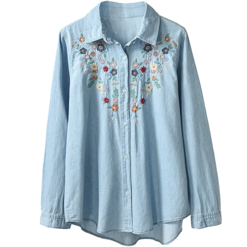 New Arts Style Spring Autumn Women Long Sleeve Turn-down Collar Cotton Denim Shirts Flower Embroidery Vintage Blouse Tops C717