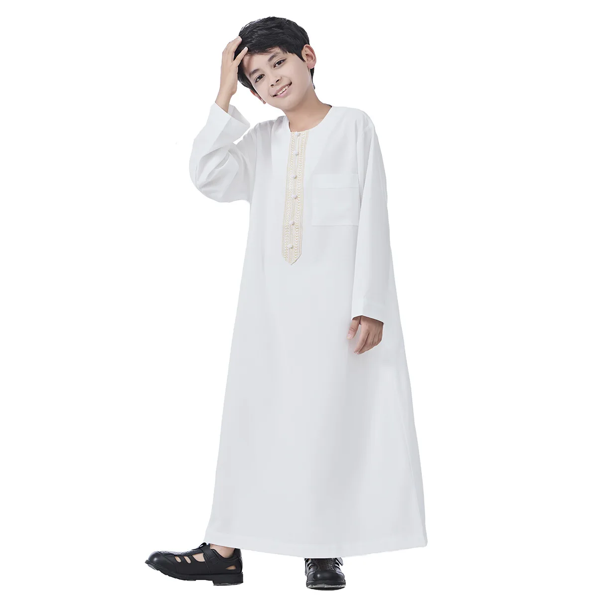 Bambini musulmani Ragazzi Jubba Thobe Bottone solido Abaya Arabo Islamico Medio Oriente Adolescente Abito a maniche lunghe Ramadan Daffah Abbigliamento