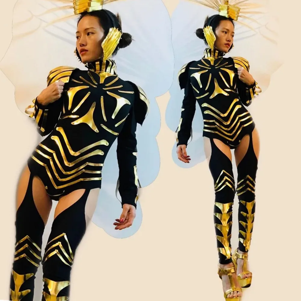 

Gold Black Rivet Jumpsuit Future Female Warrior Role Playing Costume Halloween Party Drag Queen Festival Show Performance Outfit