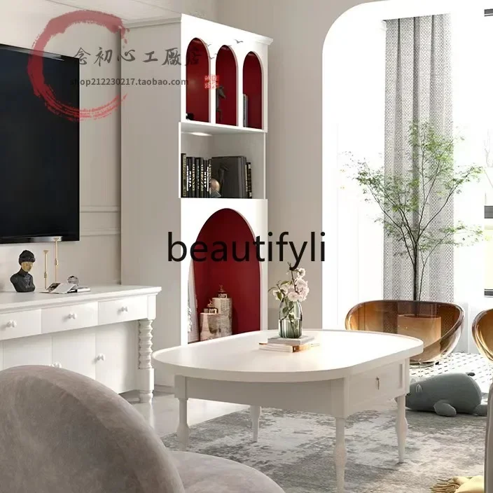 American light luxury cream white solid wood oval coffee table simple small apartment living room with drawer tea table G1218