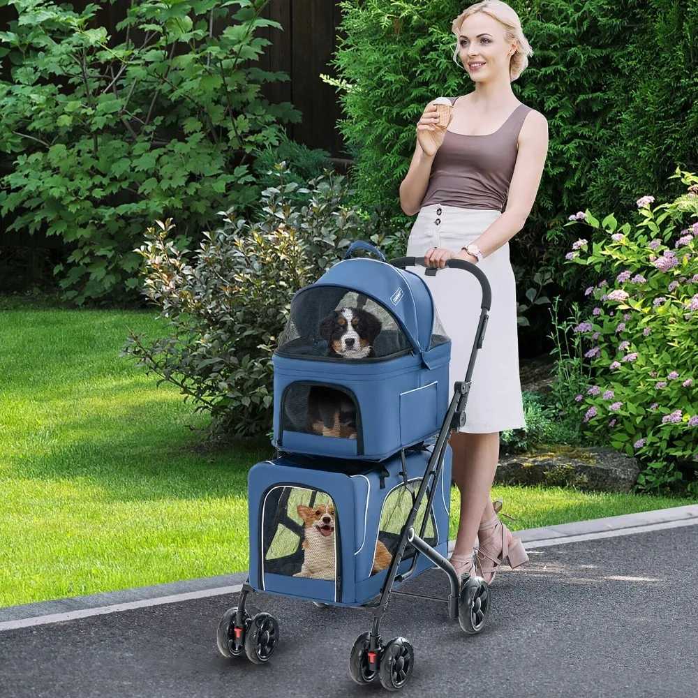 Double Pet Stroller for 2 Dogs or Cats w/ 2 Detachable Carriers Safety Belt Blue - view 2