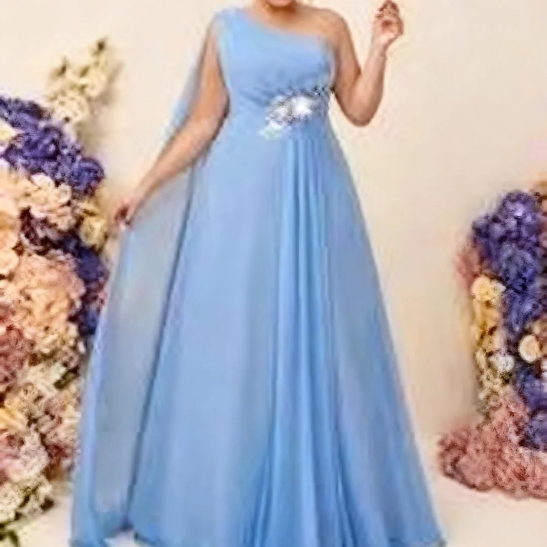 

Customized One Shoulder Blue Chiffon Applique Banquet Evening Dresses formal evening dresses birthday party prom gowns for women