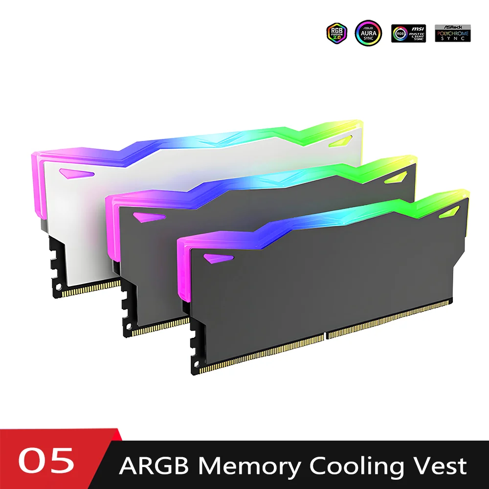 DDR Memory Cooler 5V-3PIN ARGB Memory Cooler, Aluminium Alloy with Thermal Silicone Pad for DDR5 DDR4 DDR3 DDR2 Desktop Compute