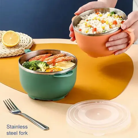 1 st. snabbnudelskål i rostfritt stål med lock och handtag, värmeisolering och skållningsskydd, stor kapacitet 10 best sales skål i rostfritt stål med lock - №8