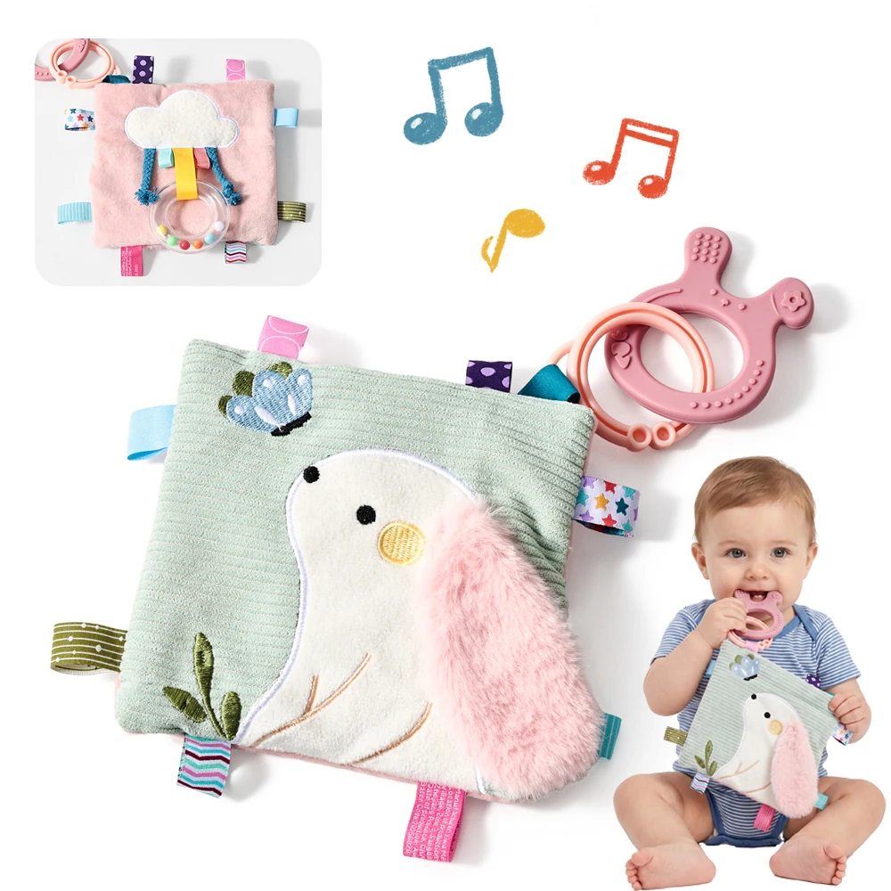 Baby Security Blanket Rabbit Teething Toys with Crinkle Sound Press to Squeak Textured Ribbon Detachable Washable Newborn Gift
