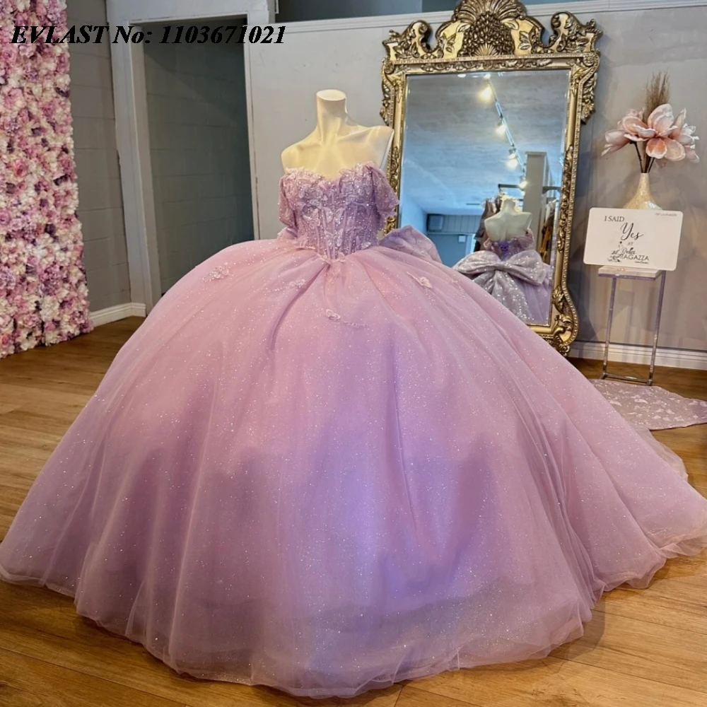 

EVLAST блестящее Сиреневое платье Quinnceanera, бальное платье с аппликацией бабочки и бусинами, милое платье 16 дюймов с кристаллами, SQ675