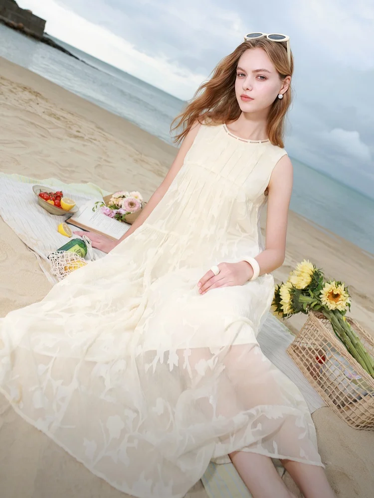 Tee-Color Summer 2025 Floral Cutout A-Line Dr round Ne Svel Loose Fit Casual Ele Polyester Fiber Gown